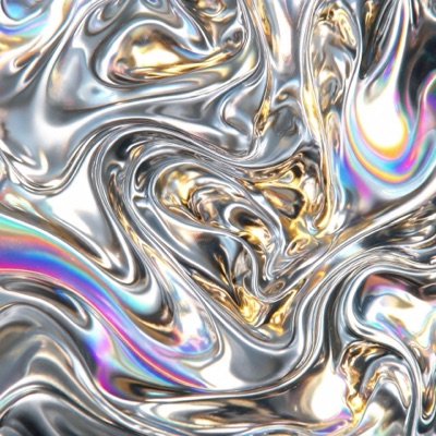 Flowing liquid metal in iridescent colors, abstract macro photography, chrome and gold reflections