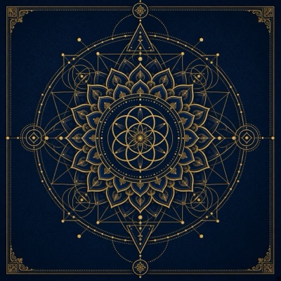 Geometric patterns inspired by sacred geometry, deep blue and gold, mandala style, intricate details