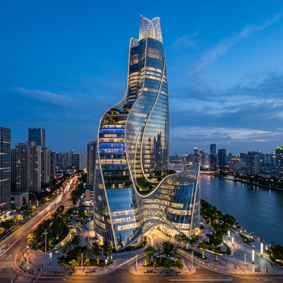 Futuristic skyscraper with organic curves, glass and steel, blue hour lighting, architectural photography