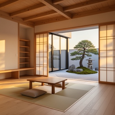 Minimalist Japanese house interior, natural wood, large windows overlooking a zen garden, warm afternoon light
