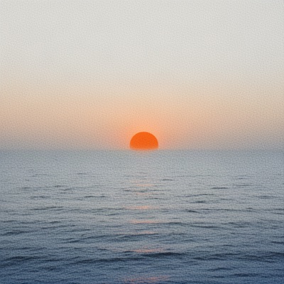 Minimalist album cover of a single orange sun setting over a calm sea, grainy risograph texture, no text, generated at 1:1