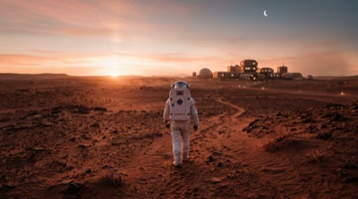 Cinematic still of an astronaut walking across a red desert toward a distant research base, low sun, generated at 16:9