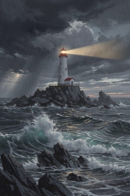 Book cover illustration of a lone lighthouse on a rocky island in a storm, dramatic sky, no text, generated at 2:3