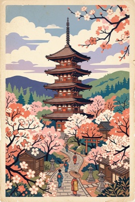 Retro travel poster illustration of a pagoda among cherry blossoms in Kyoto, flat colors, no text, generated at 2:3