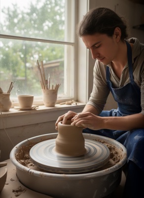 Portrait of a ceramic artist shaping clay at a pottery wheel, natural window light, generated at 3:4