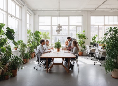 Bright open-plan office with plants and a team collaborating around a long wooden table, natural light, generated at 4:3