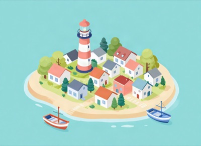 Isometric illustration of a small coastal town with a lighthouse and fishing boats, pastel colors, generated at 4:3