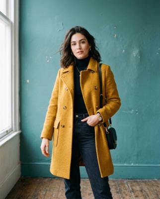 Fashion editorial portrait of a woman in a mustard wool coat against a teal wall, soft daylight, generated at 4:5
