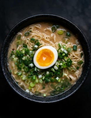 Overhead shot of a bowl of ramen with a soft-boiled egg and spring onions, moody food photography, generated at 4:5