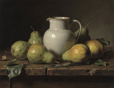 Still life of pears and a ceramic jug on a wooden table, Dutch golden age painting, dark background, generated at 5:4