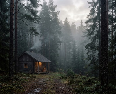 Misty pine forest at dawn with a small wooden cabin, large-format film photograph, generated at 5:4