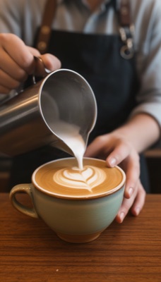 Close-up vertical shot of a barista pouring latte art into a ceramic cup, warm cafe light, generated at 9:16