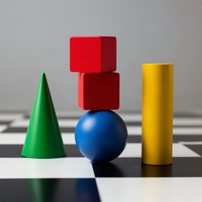 Three red cubes stacked on top of a blue sphere, a green cone to the left and a yellow cylinder to the right, on a black and white checkerboard floor, soft studio lighting, generated by FLUX.2 [dev]