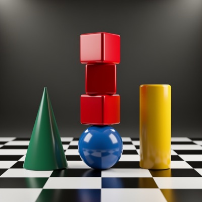 Three red cubes stacked on top of a blue sphere, a green cone to the left and a yellow cylinder to the right, on a black and white checkerboard floor, soft studio lighting, generated by FLUX.2 [flex]