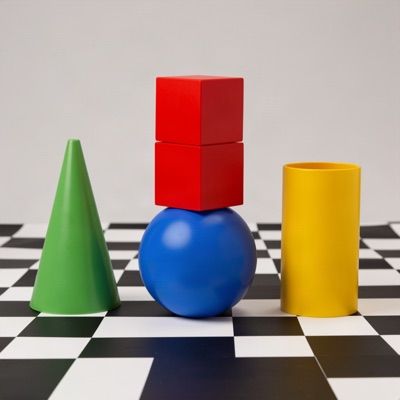 Three red cubes stacked on top of a blue sphere, a green cone to the left and a yellow cylinder to the right, on a black and white checkerboard floor, soft studio lighting, generated by FLUX.2 [klein] 9B