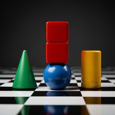 Three red cubes stacked on top of a blue sphere, a green cone to the left and a yellow cylinder to the right, on a black and white checkerboard floor, soft studio lighting, generated by FLUX.2 [max]