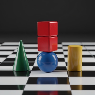 Three red cubes stacked on top of a blue sphere, a green cone to the left and a yellow cylinder to the right, on a black and white checkerboard floor, soft studio lighting, generated by FLUX.2 [pro]