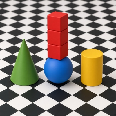 Three red cubes stacked on top of a blue sphere, a green cone to the left and a yellow cylinder to the right, on a black and white checkerboard floor, soft studio lighting, generated by Grok Imagine 2.0