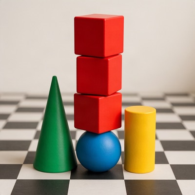 Three red cubes stacked on top of a blue sphere, a green cone to the left and a yellow cylinder to the right, on a black and white checkerboard floor, soft studio lighting, generated by Hunyuan Image 3.0