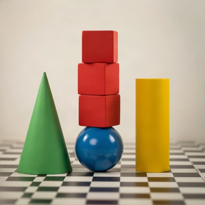 Three red cubes stacked on top of a blue sphere, a green cone to the left and a yellow cylinder to the right, on a black and white checkerboard floor, soft studio lighting, generated by Ideogram V4
