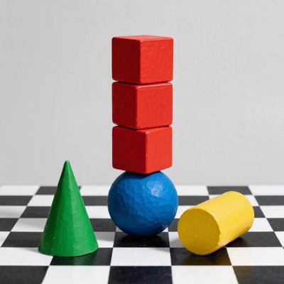 Three red cubes stacked on top of a blue sphere, a green cone to the left and a yellow cylinder to the right, on a black and white checkerboard floor, soft studio lighting, generated by Kling Image O3