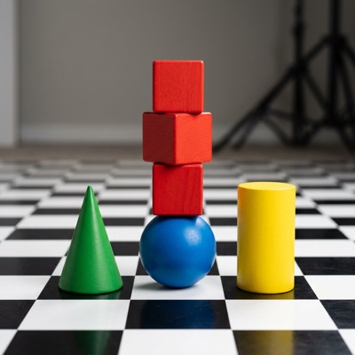 Three red cubes stacked on top of a blue sphere, a green cone to the left and a yellow cylinder to the right, on a black and white checkerboard floor, soft studio lighting, generated by Nano Banana 2