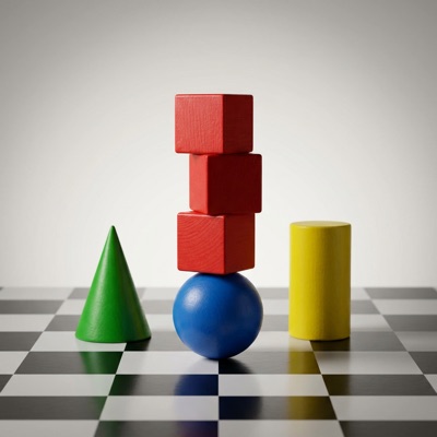 Three red cubes stacked on top of a blue sphere, a green cone to the left and a yellow cylinder to the right, on a black and white checkerboard floor, soft studio lighting, generated by Nano Banana Pro