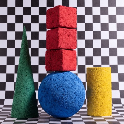 Three red cubes stacked on top of a blue sphere, a green cone to the left and a yellow cylinder to the right, on a black and white checkerboard floor, soft studio lighting, generated by Recraft V4