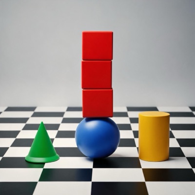 Three red cubes stacked on top of a blue sphere, a green cone to the left and a yellow cylinder to the right, on a black and white checkerboard floor, soft studio lighting, generated by Seedream 5 Lite
