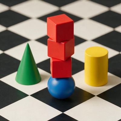 Three red cubes stacked on top of a blue sphere, a green cone to the left and a yellow cylinder to the right, on a black and white checkerboard floor, soft studio lighting, generated by Seedream 5 Pro