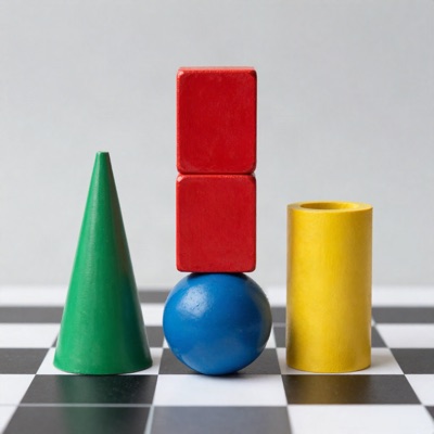 Three red cubes stacked on top of a blue sphere, a green cone to the left and a yellow cylinder to the right, on a black and white checkerboard floor, soft studio lighting, generated by Z-Image Turbo