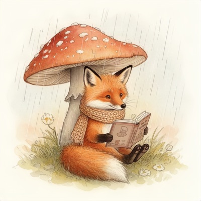 Children's book illustration of a fox in a knitted scarf reading a book under a large mushroom in light rain, soft watercolor and ink, warm palette, generated by FLUX.2 [dev]