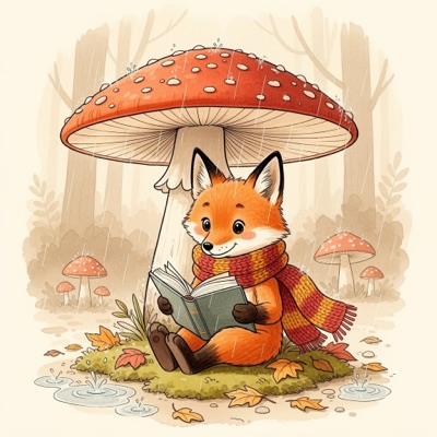 Children's book illustration of a fox in a knitted scarf reading a book under a large mushroom in light rain, soft watercolor and ink, warm palette, generated by FLUX.2 [flex]