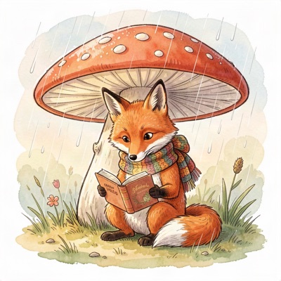Children's book illustration of a fox in a knitted scarf reading a book under a large mushroom in light rain, soft watercolor and ink, warm palette, generated by FLUX.2 [klein] 9B