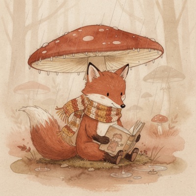 Children's book illustration of a fox in a knitted scarf reading a book under a large mushroom in light rain, soft watercolor and ink, warm palette, generated by FLUX.2 [max]
