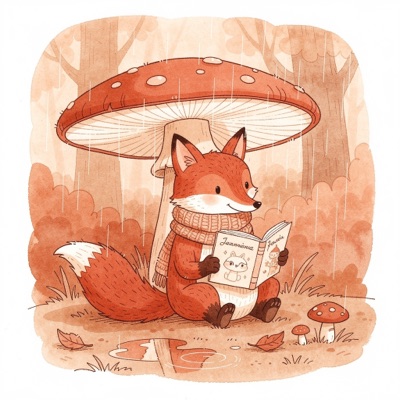 Children's book illustration of a fox in a knitted scarf reading a book under a large mushroom in light rain, soft watercolor and ink, warm palette, generated by FLUX.2 [pro]