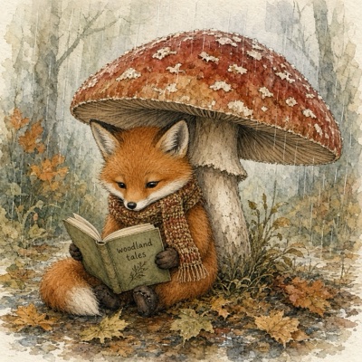Children's book illustration of a fox in a knitted scarf reading a book under a large mushroom in light rain, soft watercolor and ink, warm palette, generated by Grok Imagine 2.0