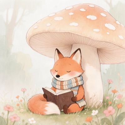 Children's book illustration of a fox in a knitted scarf reading a book under a large mushroom in light rain, soft watercolor and ink, warm palette, generated by Hunyuan Image 3.0