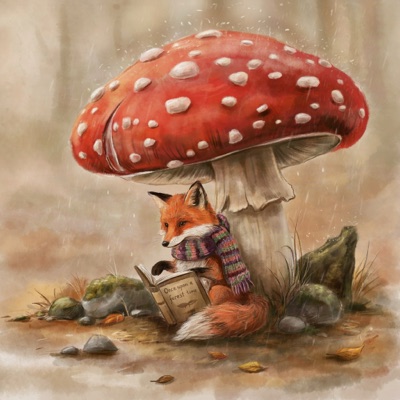Children's book illustration of a fox in a knitted scarf reading a book under a large mushroom in light rain, soft watercolor and ink, warm palette, generated by Ideogram V4