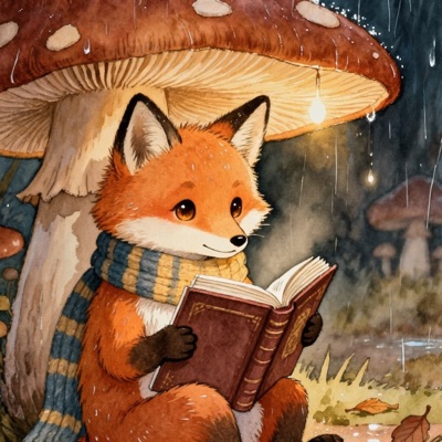 Children's book illustration of a fox in a knitted scarf reading a book under a large mushroom in light rain, soft watercolor and ink, warm palette, generated by Kling Image O3