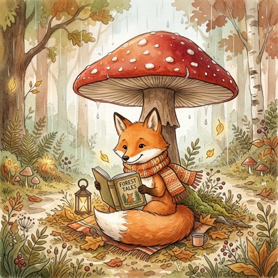 Children's book illustration of a fox in a knitted scarf reading a book under a large mushroom in light rain, soft watercolor and ink, warm palette, generated by Nano Banana 2
