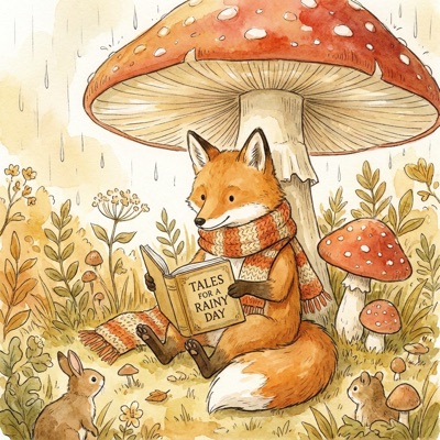 Children's book illustration of a fox in a knitted scarf reading a book under a large mushroom in light rain, soft watercolor and ink, warm palette, generated by Nano Banana Pro