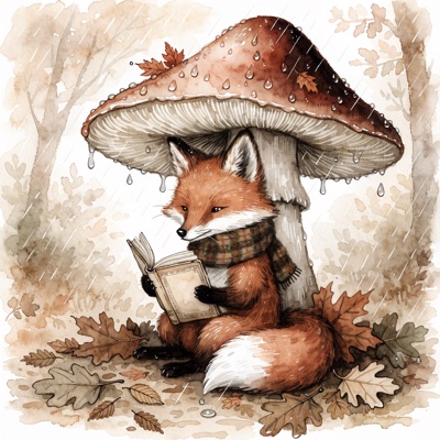 Children's book illustration of a fox in a knitted scarf reading a book under a large mushroom in light rain, soft watercolor and ink, warm palette, generated by Recraft V4