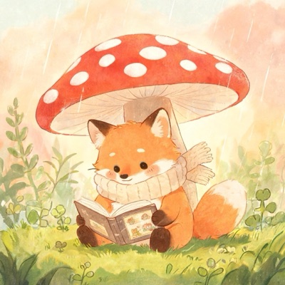 Children's book illustration of a fox in a knitted scarf reading a book under a large mushroom in light rain, soft watercolor and ink, warm palette, generated by Seedream 5 Lite