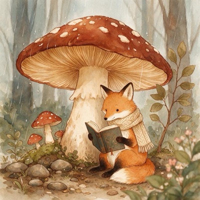 Children's book illustration of a fox in a knitted scarf reading a book under a large mushroom in light rain, soft watercolor and ink, warm palette, generated by Seedream 5 Pro