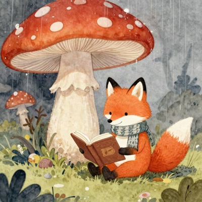 Children's book illustration of a fox in a knitted scarf reading a book under a large mushroom in light rain, soft watercolor and ink, warm palette, generated by Z-Image Turbo