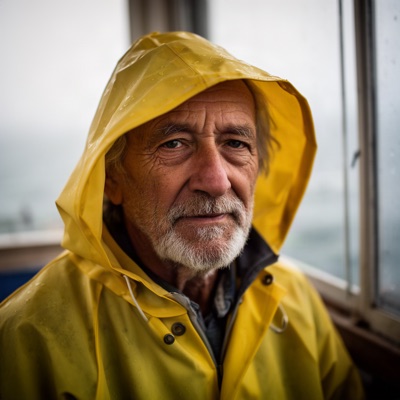 Close-up portrait of an elderly fisherman with a weathered face and grey stubble, wearing a yellow raincoat, soft overcast light from a window, shallow depth of field, 85mm photograph, generated by FLUX.2 [dev]