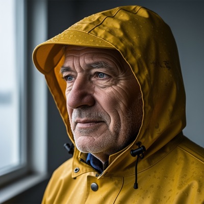 Close-up portrait of an elderly fisherman with a weathered face and grey stubble, wearing a yellow raincoat, soft overcast light from a window, shallow depth of field, 85mm photograph, generated by FLUX.2 [flex]