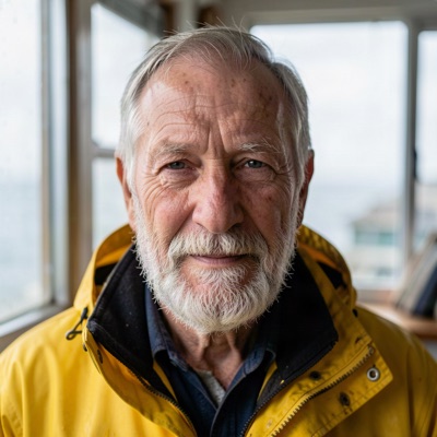 Close-up portrait of an elderly fisherman with a weathered face and grey stubble, wearing a yellow raincoat, soft overcast light from a window, shallow depth of field, 85mm photograph, generated by FLUX.2 [klein] 9B