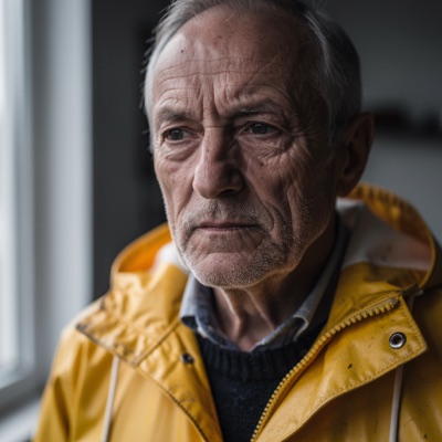 Close-up portrait of an elderly fisherman with a weathered face and grey stubble, wearing a yellow raincoat, soft overcast light from a window, shallow depth of field, 85mm photograph, generated by FLUX.2 [max]